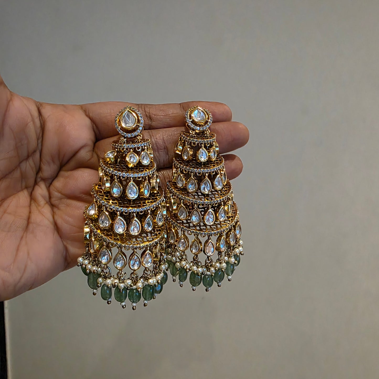 Chemkeeli- layered lv shade polki earrings