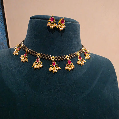Neelima- black crystal neckset with jadau  drops