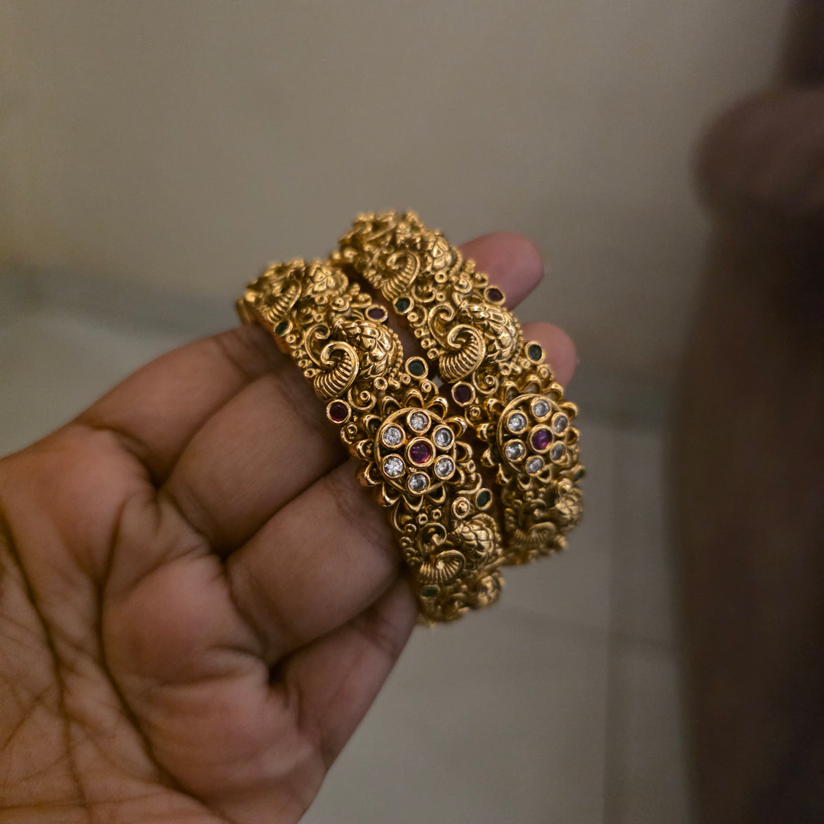 Reeva- antique peacock carving bangle kada pair[openable]