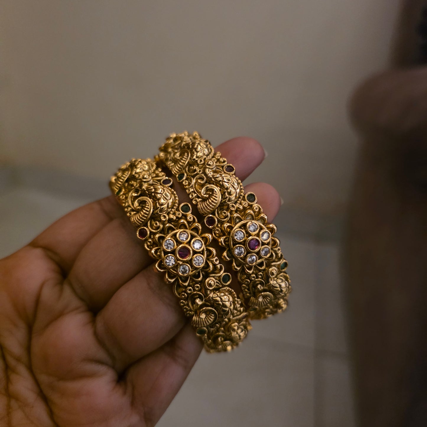 Reeva- antique peacock carving bangle kada pair[openable]