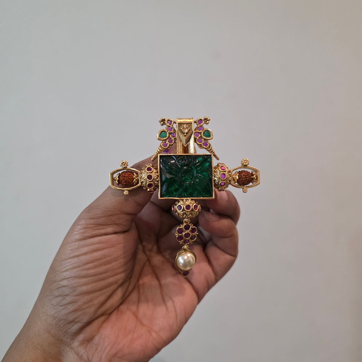 Swacha- carved stone and rudraksh embellished pendant