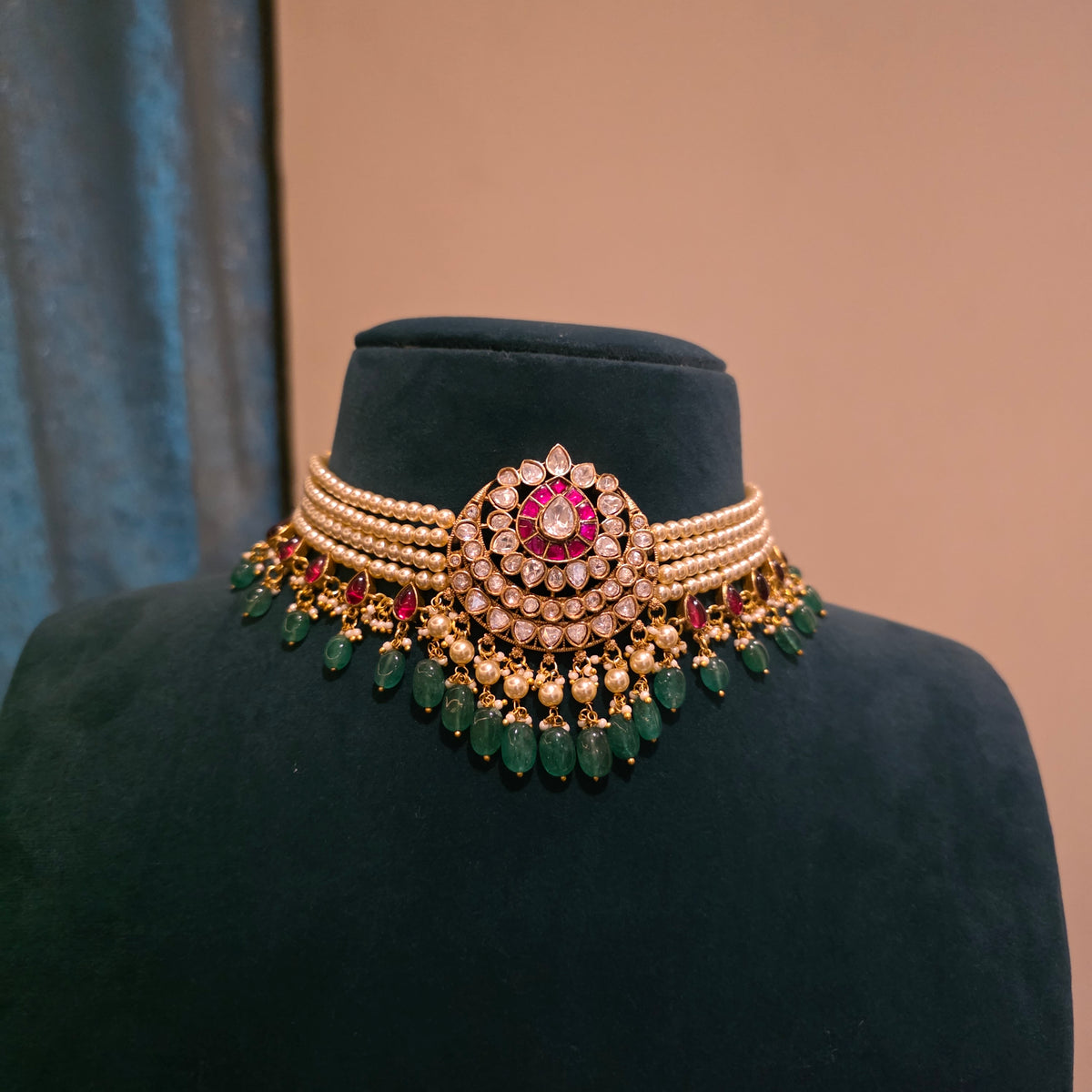 Yamuna- swaroski pearl choker set with jadau and moissanite pendant