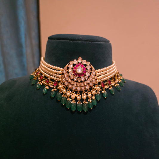 Yamuna- swaroski pearl choker set with jadau and moissanite pendant