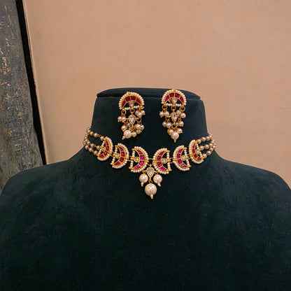 Naina pink - pearl choker set with jadau moon motifs