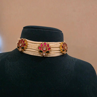 Kamalika- pearl  and lotus jadau motifs choker