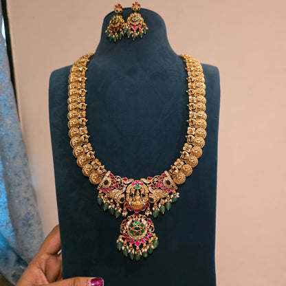 Sonali-  lakshmi and peacock kasu mala with jadau detailing