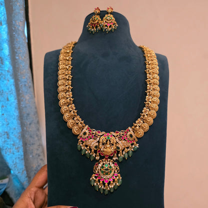 Sonali-  lakshmi and peacock kasu mala with jadau detailing