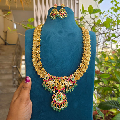 Sonali-  lakshmi and peacock kasu mala with jadau detailing