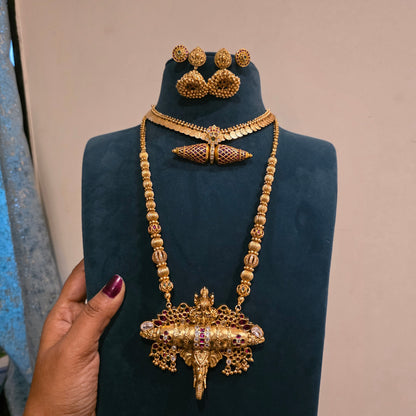 Devradh-vintage kemp stone gundla mala with kasu mala
