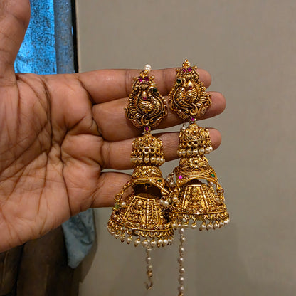 Dvani- antique gold finish jadau layered jumkha with earchains