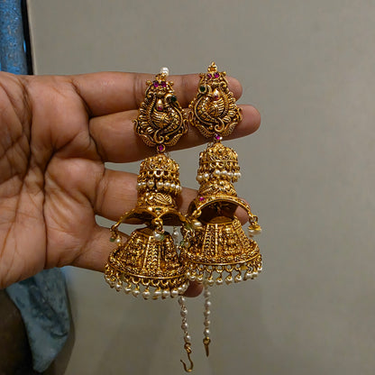 Dvani- antique gold finish jadau layered jumkha with earchains