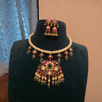 Mandara- pearl hasli with jadau pendant and earrings
