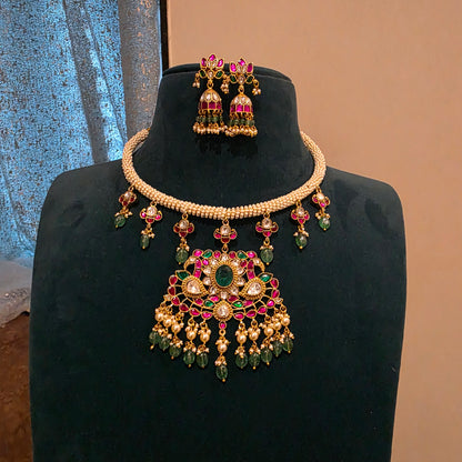 Mandara- pearl hasli with jadau pendant and earrings