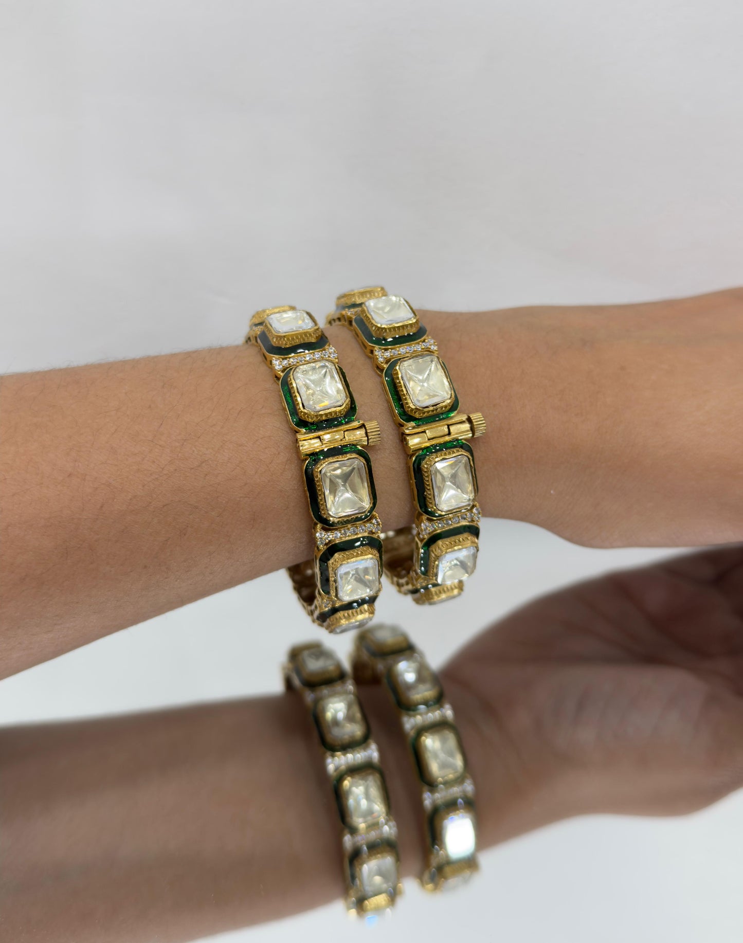 Square shaped polki bangles with green meenakari borders[screw type]